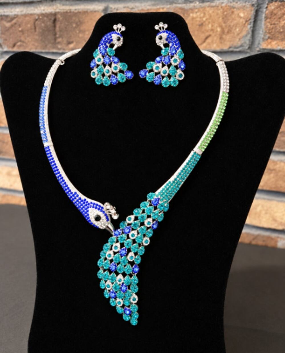 Striking Peacock Inspired Rhinestone Necklace & Earrings Blues & Greens